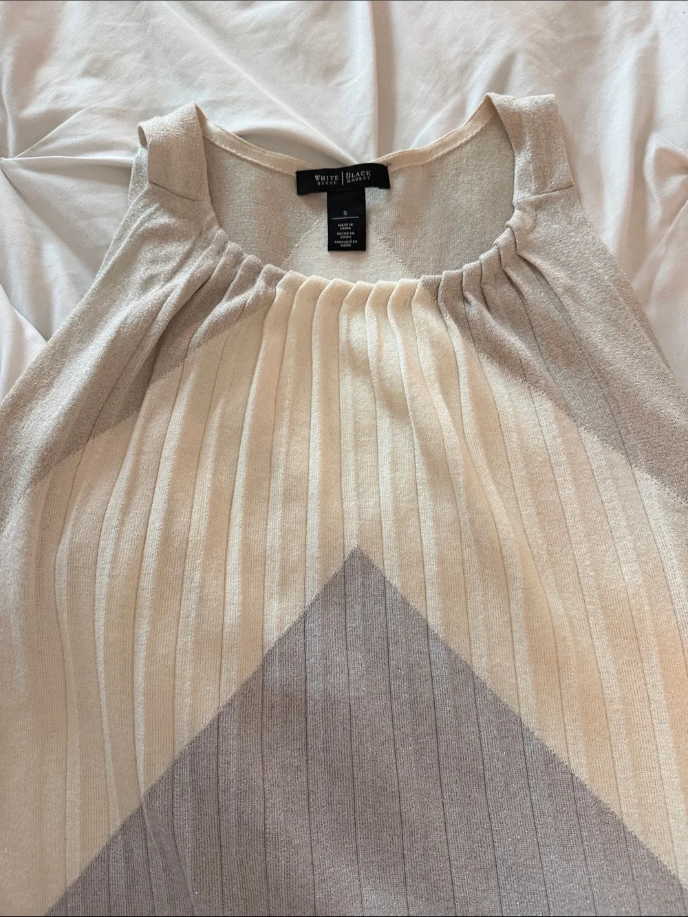 White House Black Market Cream, Silver & Gold Chevron Pleated Tank
